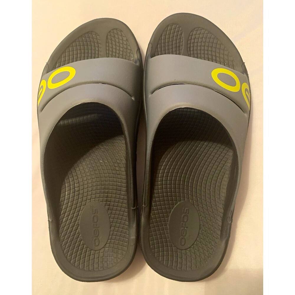 OOFOS Gray Slide Sandals Yellow Logo Slip On Unisex US 8
